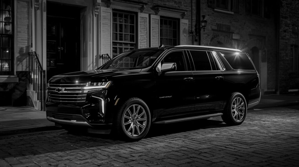 generate a realistic picture of this vehicle black suburban chevrolet 2023 in charleston sc black and white pictures bride and broom style for wedding make it so special